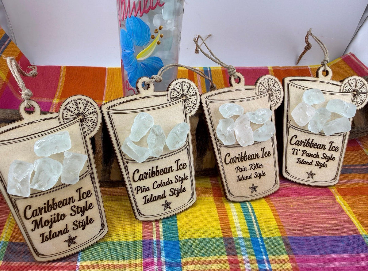 Caribbean Ice Cocktail Ornament Set, Real Sea Glass Christmas Ornaments, Mojito Piña Colada Ti Punch Pain Killer Decor