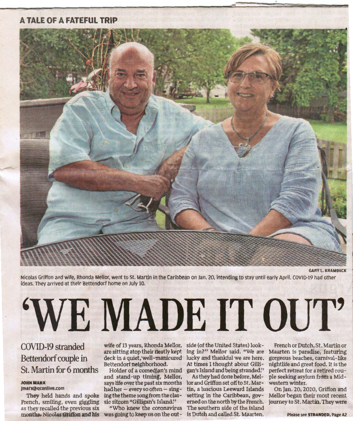 Original 2020 newspaper article about Rhonda and Nico's extended stay in Saint Martin