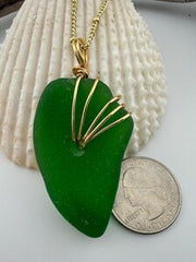 Lime Green Sea Glass Pendant – Genuine Caribbean Find, Hand-Drilled & Artistic Gold Wire Wrapped Necklace