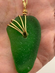 Lime Green Sea Glass Pendant – Genuine Caribbean Find, Hand-Drilled & Artistic Gold Wire Wrapped Necklace