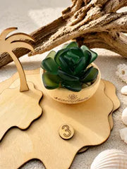 Mini Seacculents™ – Green Coastal Succulent in Engraved Wood Pot, Beach House Decor, Unique Genuine Sea Glass