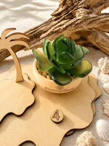 Mini Seacculents™ – Green Coastal Succulent in Engraved Wood Pot, Beach House Decor, Unique Genuine Sea Glass