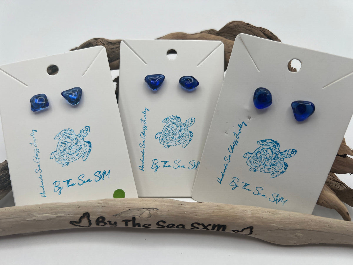 Cobalt Blue Sea Glass Stud Earrings – Caribbean Stainless Steel Posts