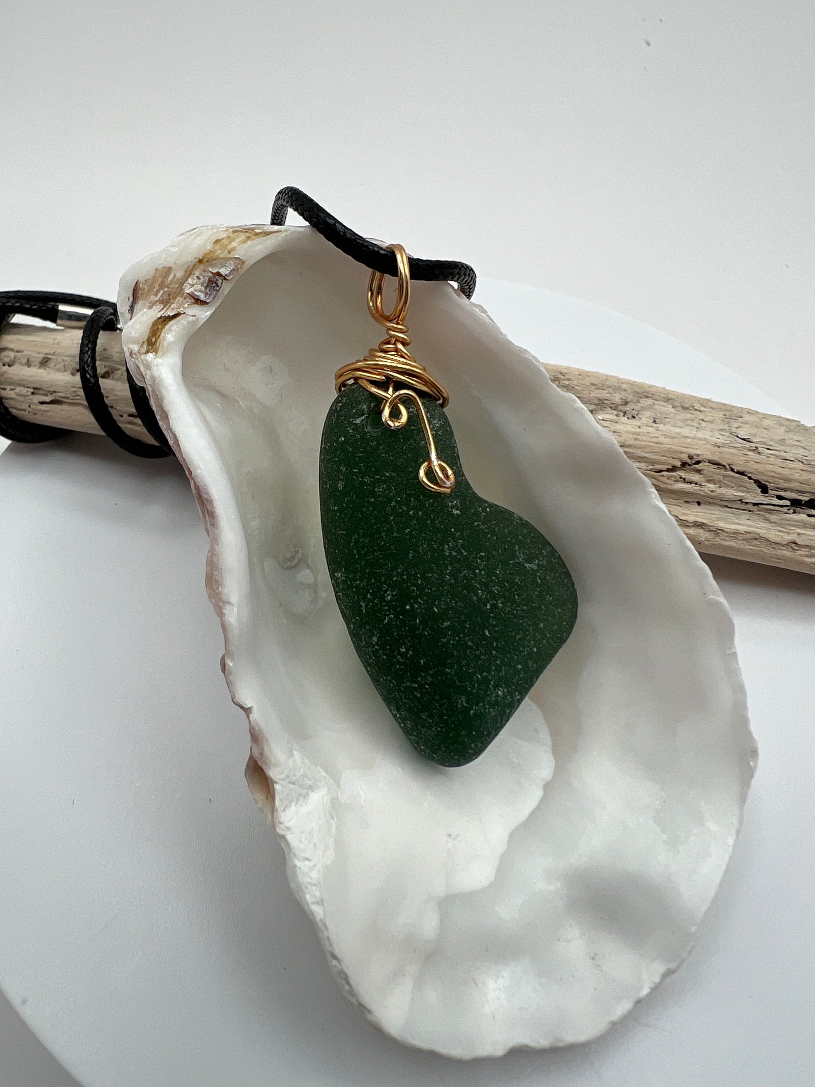 Caribbean Hunter Green Sea Glass Pendant: Gold Wire Wrapped, Stainless Steel Chain