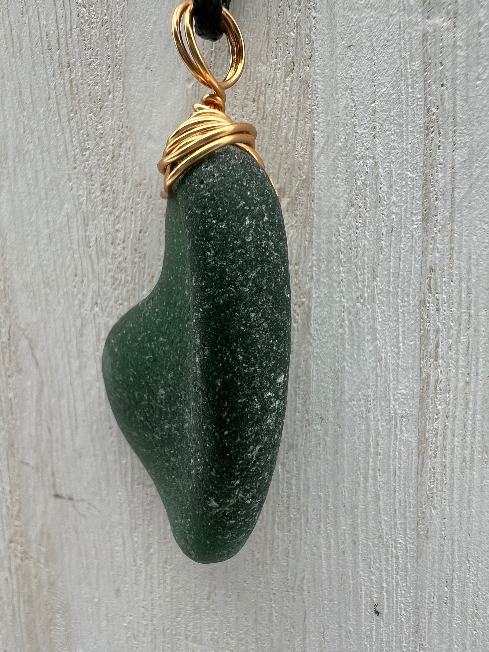 Caribbean Hunter Green Sea Glass Pendant: Gold Wire Wrapped, Stainless Steel Chain