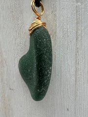 Caribbean Hunter Green Sea Glass Pendant: Gold Wire Wrapped, Stainless Steel Chain