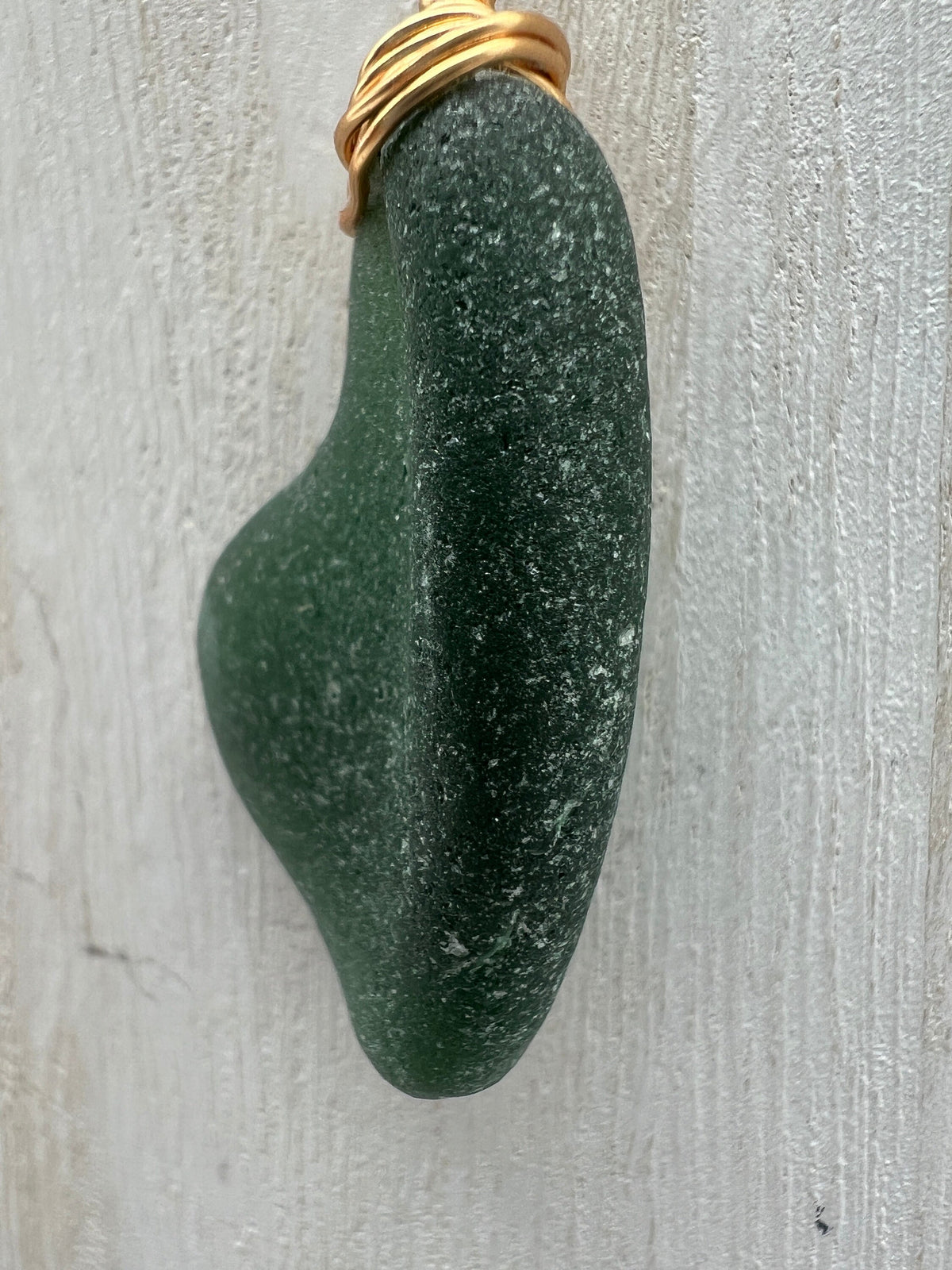 Caribbean Hunter Green Sea Glass Pendant: Gold Wire Wrapped, Stainless Steel Chain