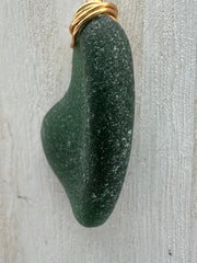 Caribbean Hunter Green Sea Glass Pendant: Gold Wire Wrapped, Stainless Steel Chain