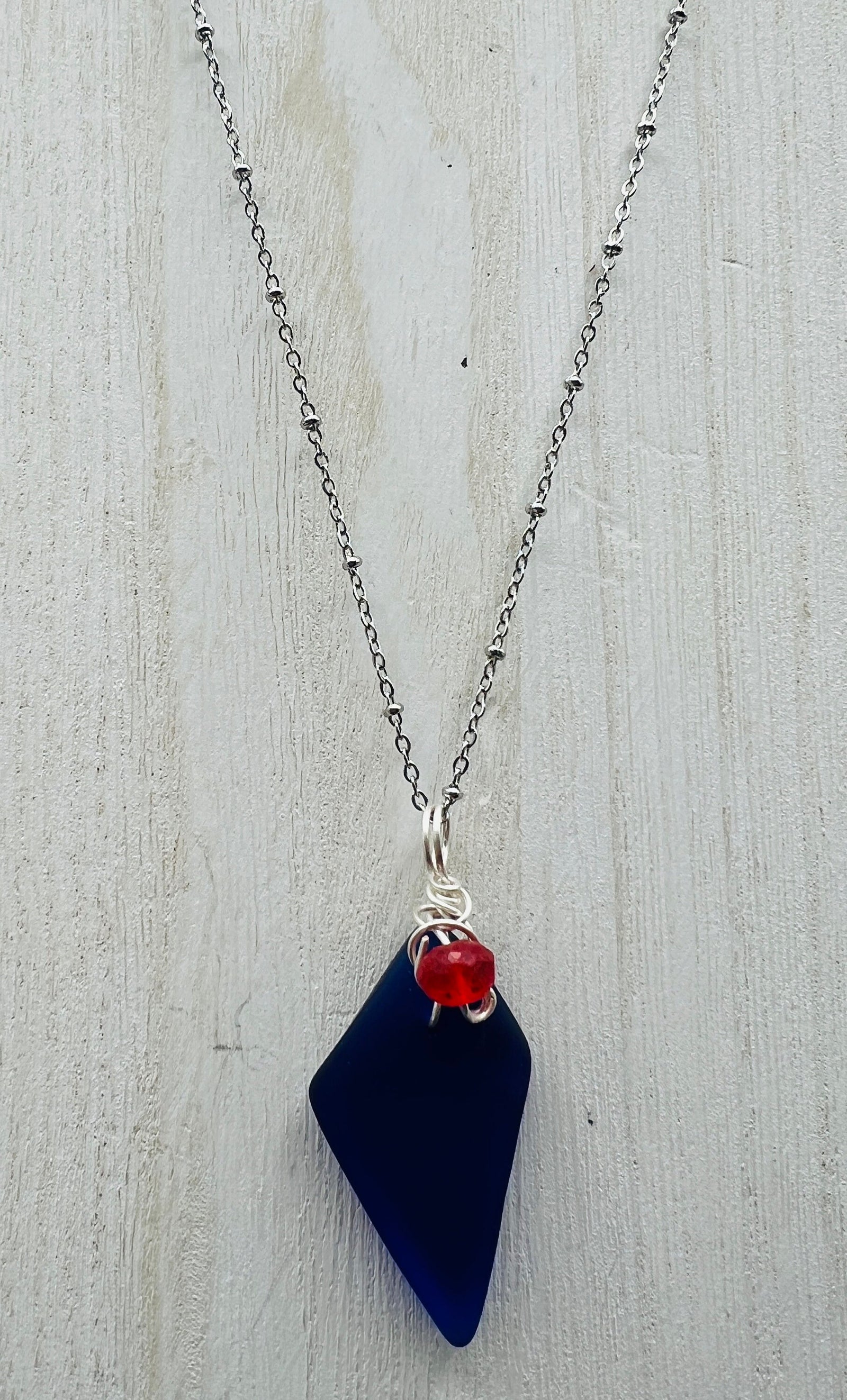 Cobalt Sea Glass Pendant – Caribbean Necklace with Red Glass Bead