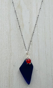Cobalt Sea Glass Pendant – Caribbean Necklace with Red Glass Bead