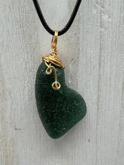 Caribbean Hunter Green Sea Glass Pendant: Gold Wire Wrapped, Stainless Steel Chain