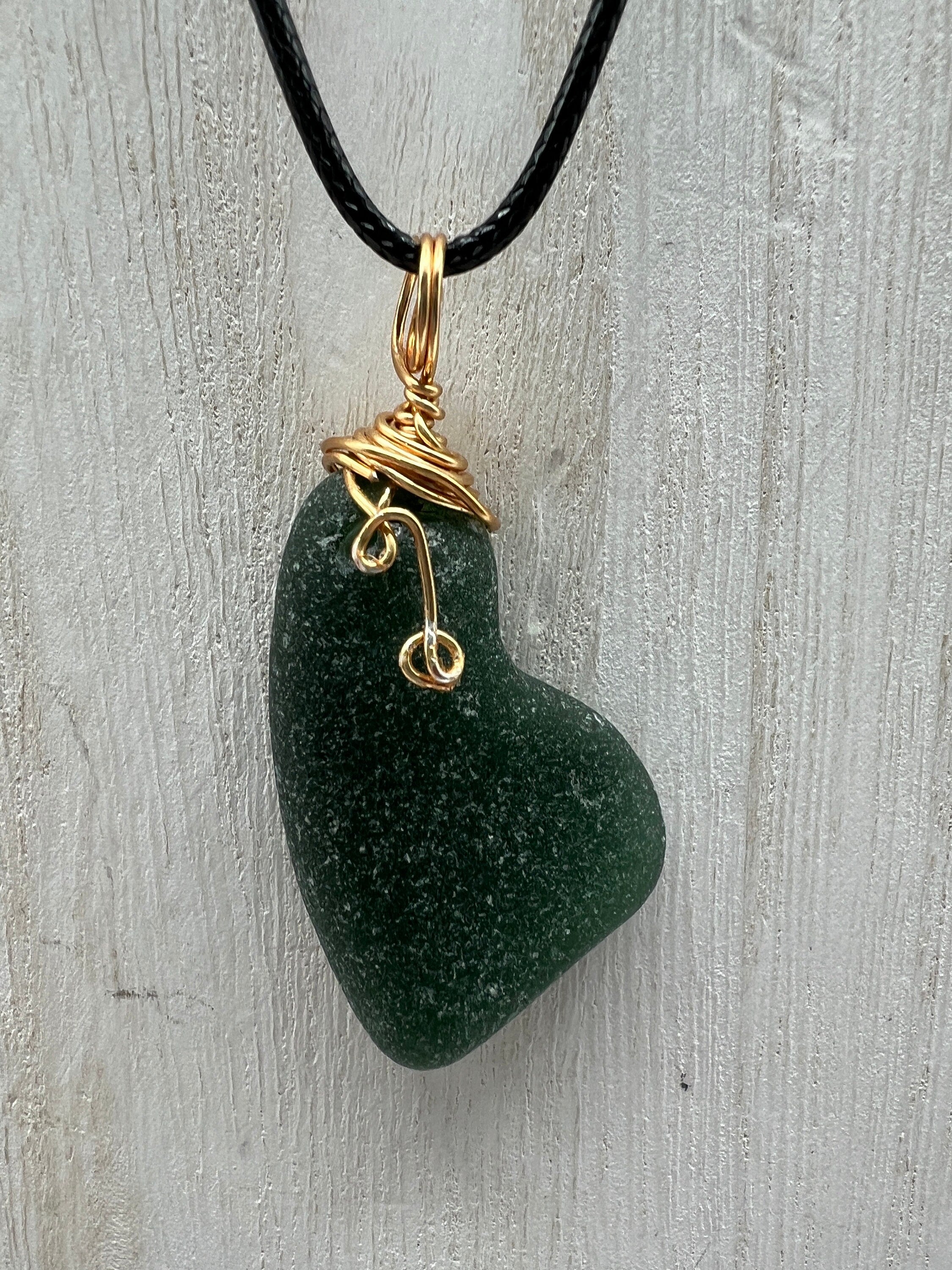 Caribbean Hunter Green Sea Glass Pendant: Gold Wire Wrapped, Stainless Steel Chain
