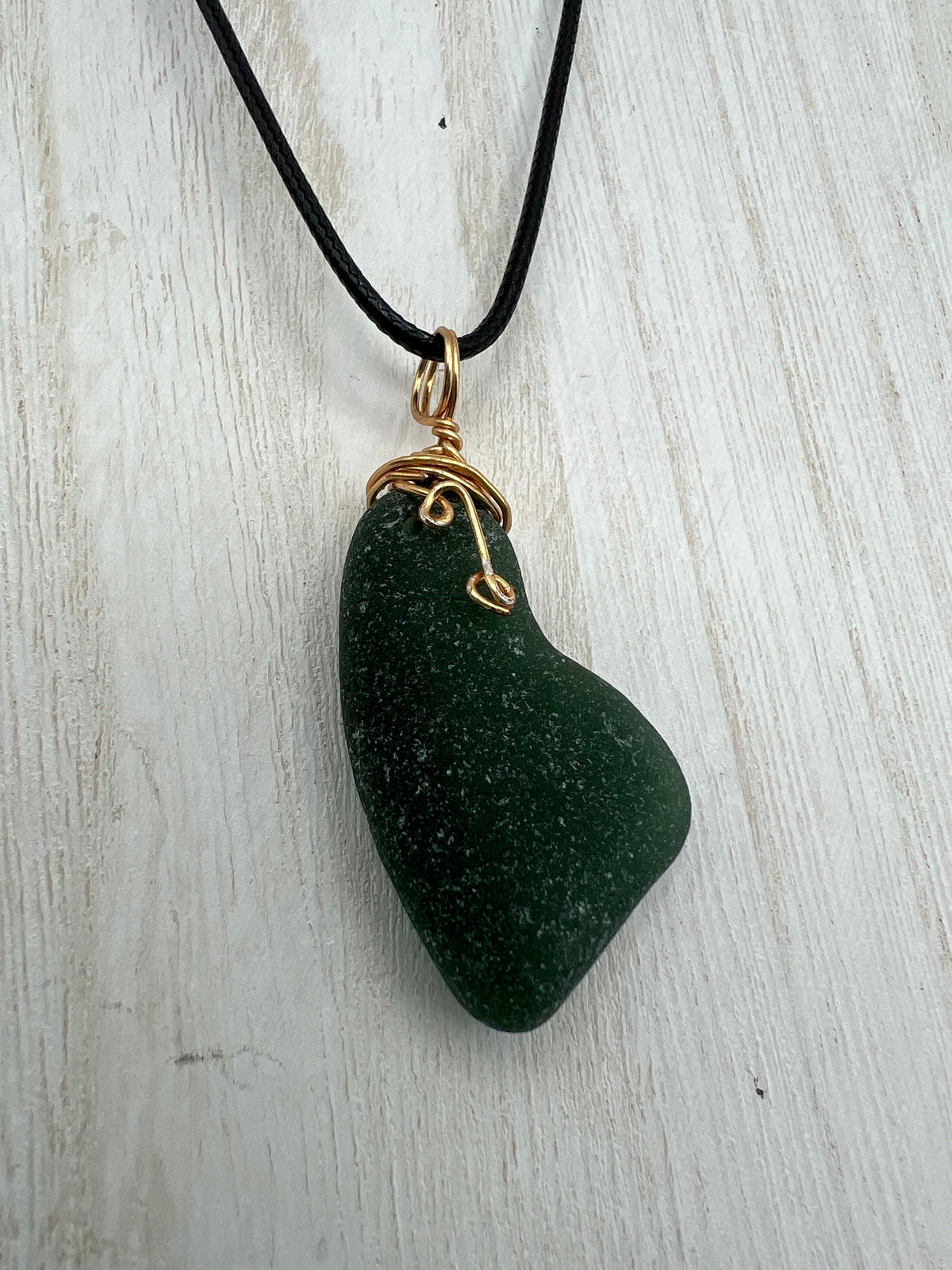 Caribbean Hunter Green Sea Glass Pendant: Gold Wire Wrapped, Stainless Steel Chain