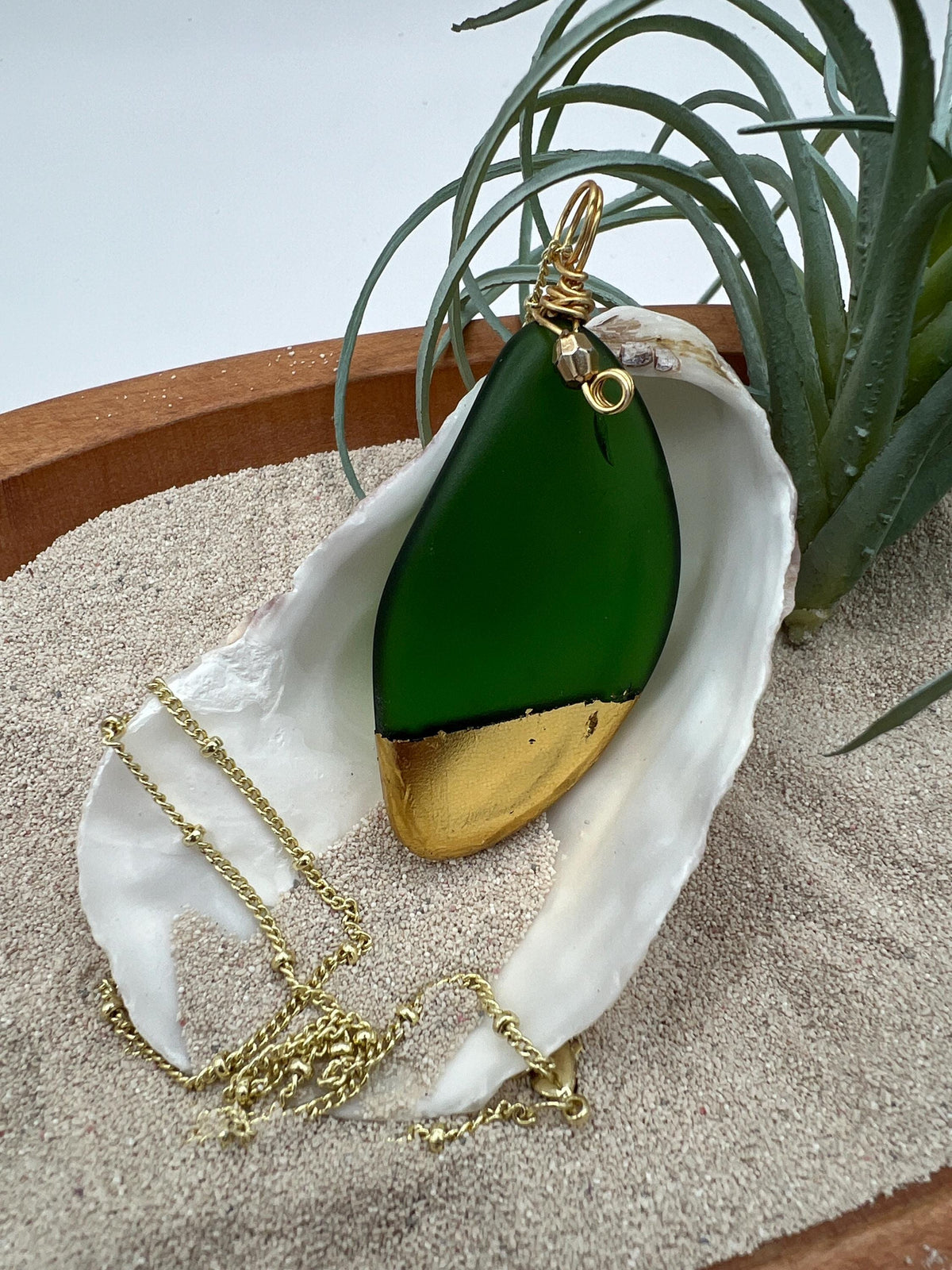 Kelly Green Sea Glass Pendant – Gold Leaf, Double Heart Necklace