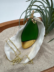 Kelly Green Sea Glass Pendant – Gold Leaf, Double Heart Necklace