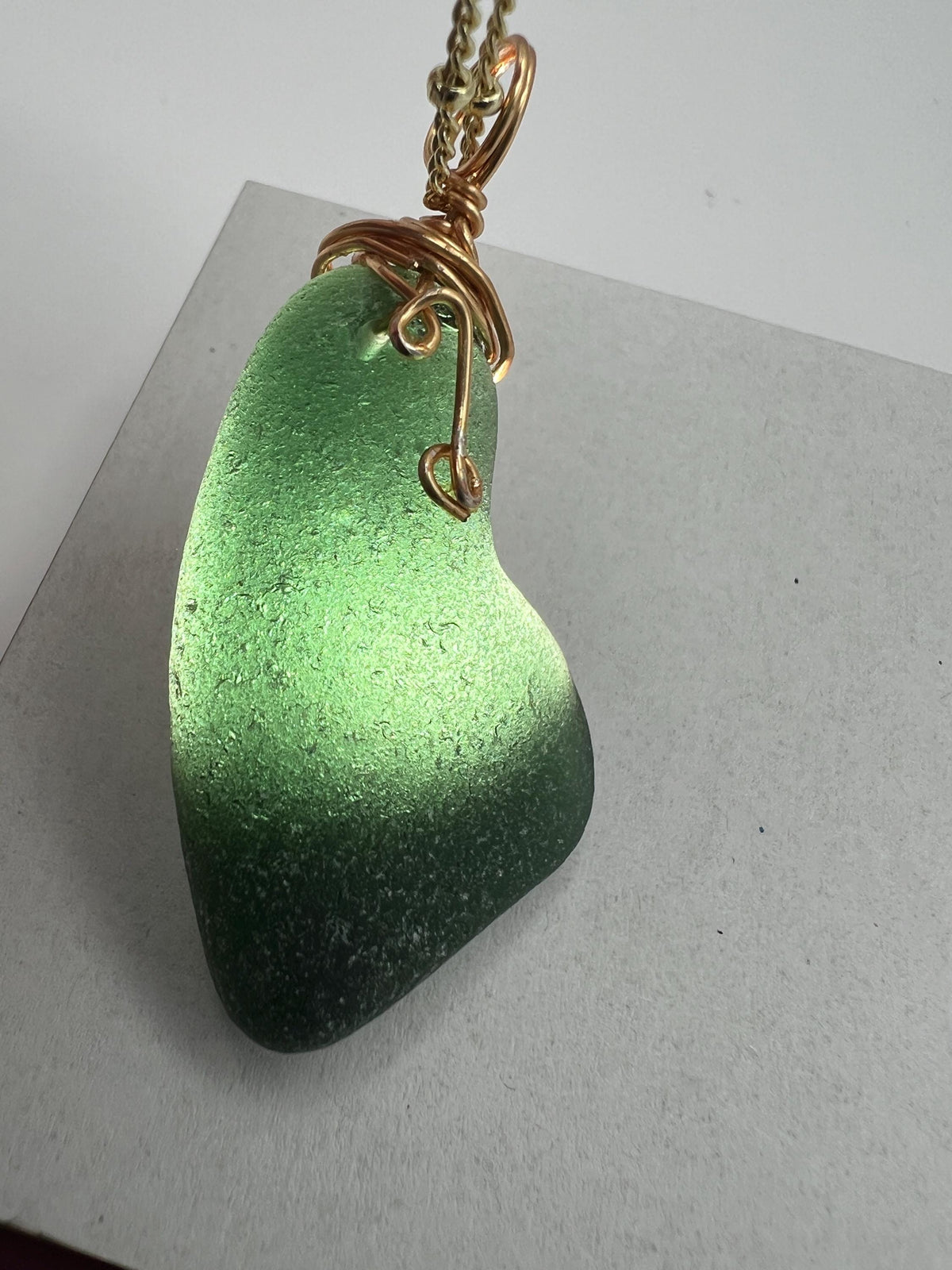 Caribbean Hunter Green Sea Glass Pendant: Gold Wire Wrapped, Stainless Steel Chain