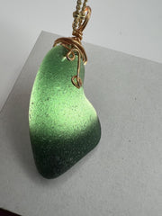 Caribbean Hunter Green Sea Glass Pendant: Gold Wire Wrapped, Stainless Steel Chain