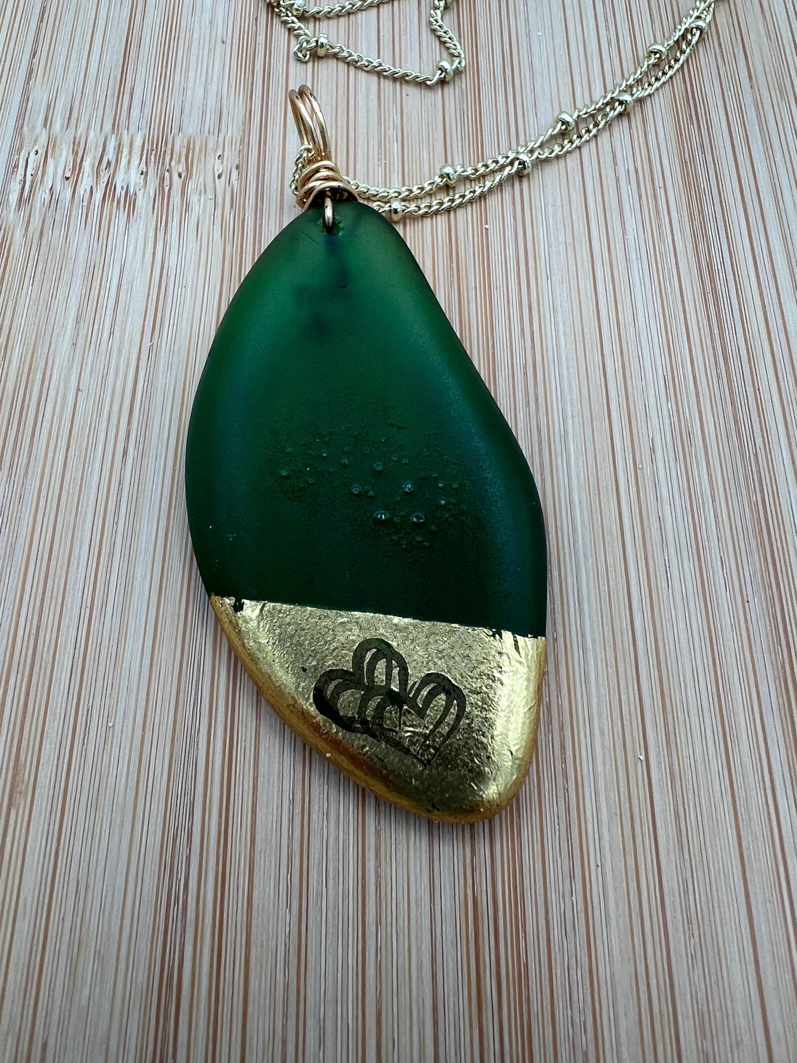 Kelly Green Sea Glass Pendant – Gold Leaf, Double Heart Necklace