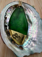Kelly Green Sea Glass Pendant – Gold Leaf, Double Heart Necklace