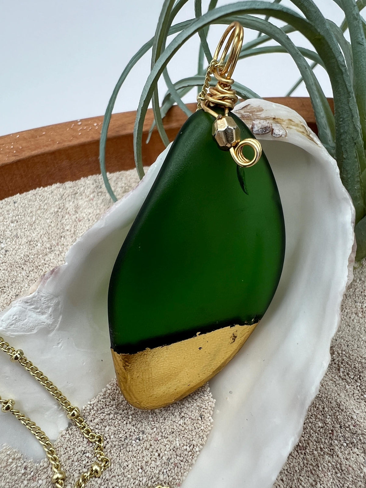 Kelly Green Sea Glass Pendant – Gold Leaf, Double Heart Necklace