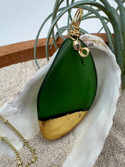 Kelly Green Sea Glass Pendant – Gold Leaf, Double Heart Necklace