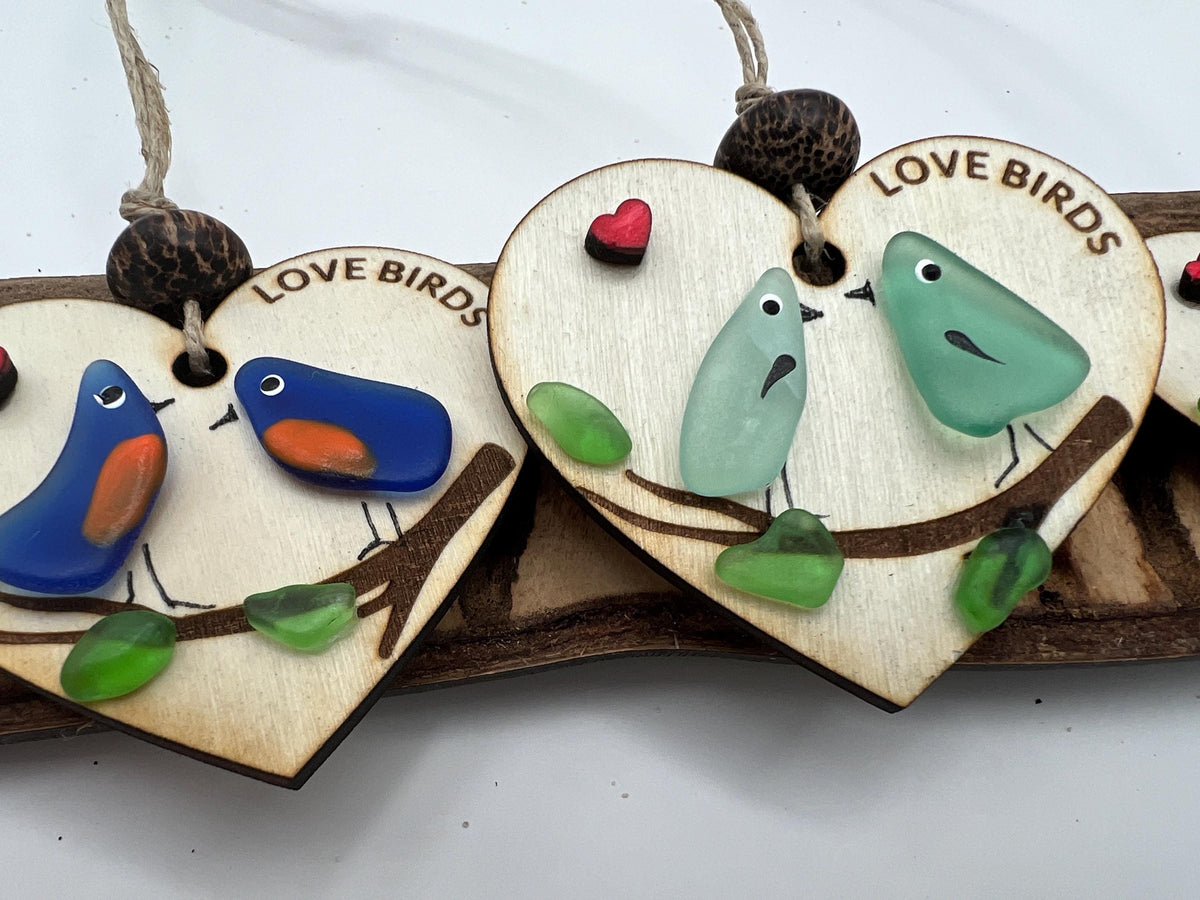 Sea Glass Love Birds Ornament – Handmade Coastal Wedding or Christmas Gift