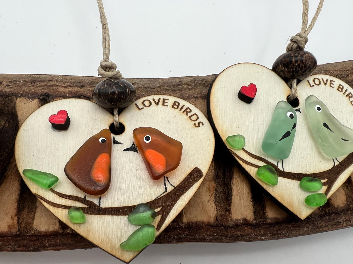 Sea Glass Love Birds Ornament – Handmade Coastal Wedding or Christmas Gift