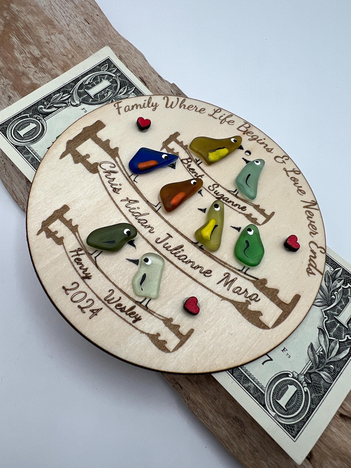 Personalized Sea Glass Bird Family Tree, Laser Cut Wooden Keepsake Ornament