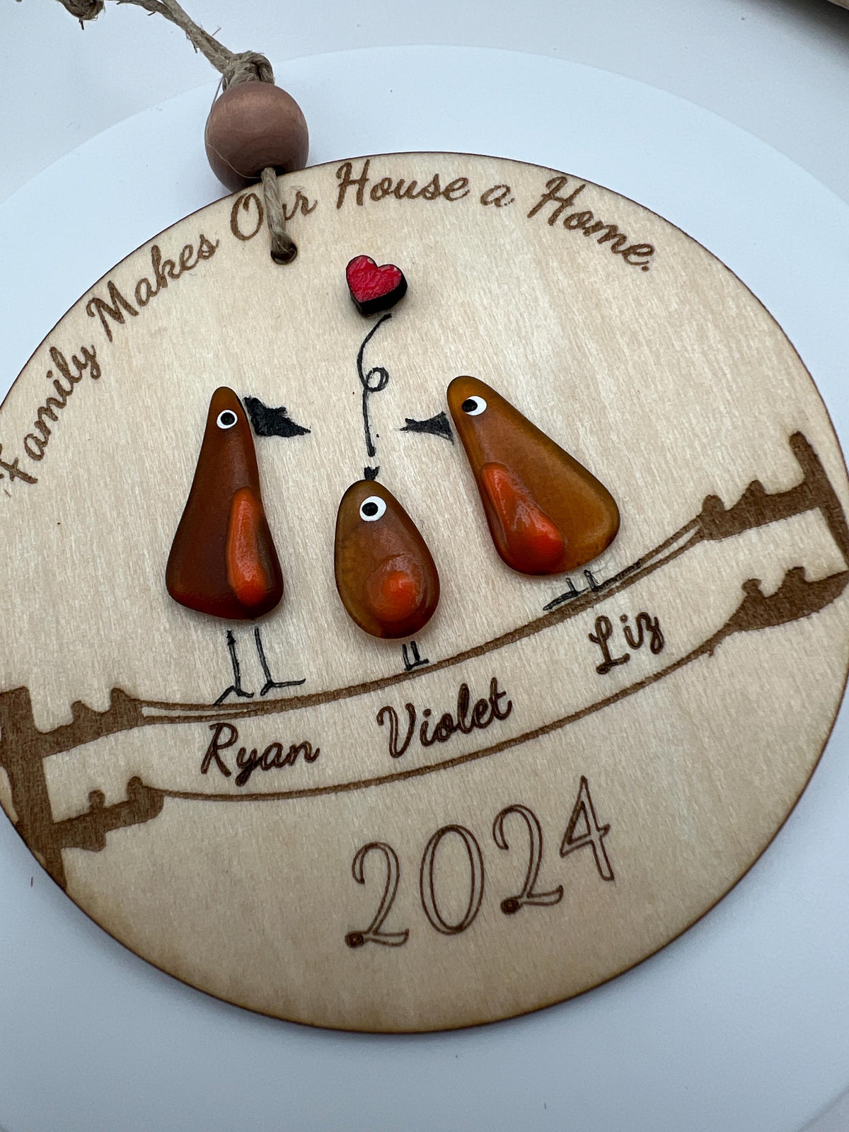 Personalized Sea Glass Bird Family Tree, Laser Cut Wooden Keepsake Ornament