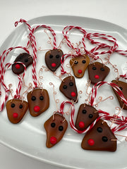 Set of 2, Sea Glass Reindeer Couple Christmas Ornaments, Handmade Coastal Holiday Decor