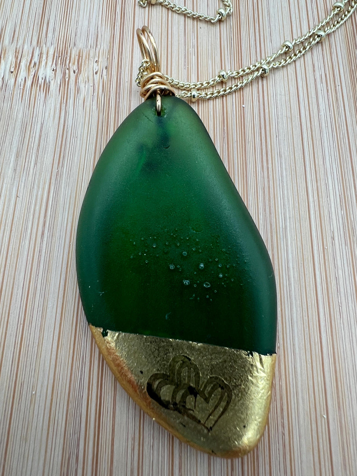 Kelly Green Sea Glass Pendant – Gold Leaf, Double Heart Necklace