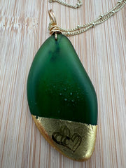Kelly Green Sea Glass Pendant – Gold Leaf, Double Heart Necklace