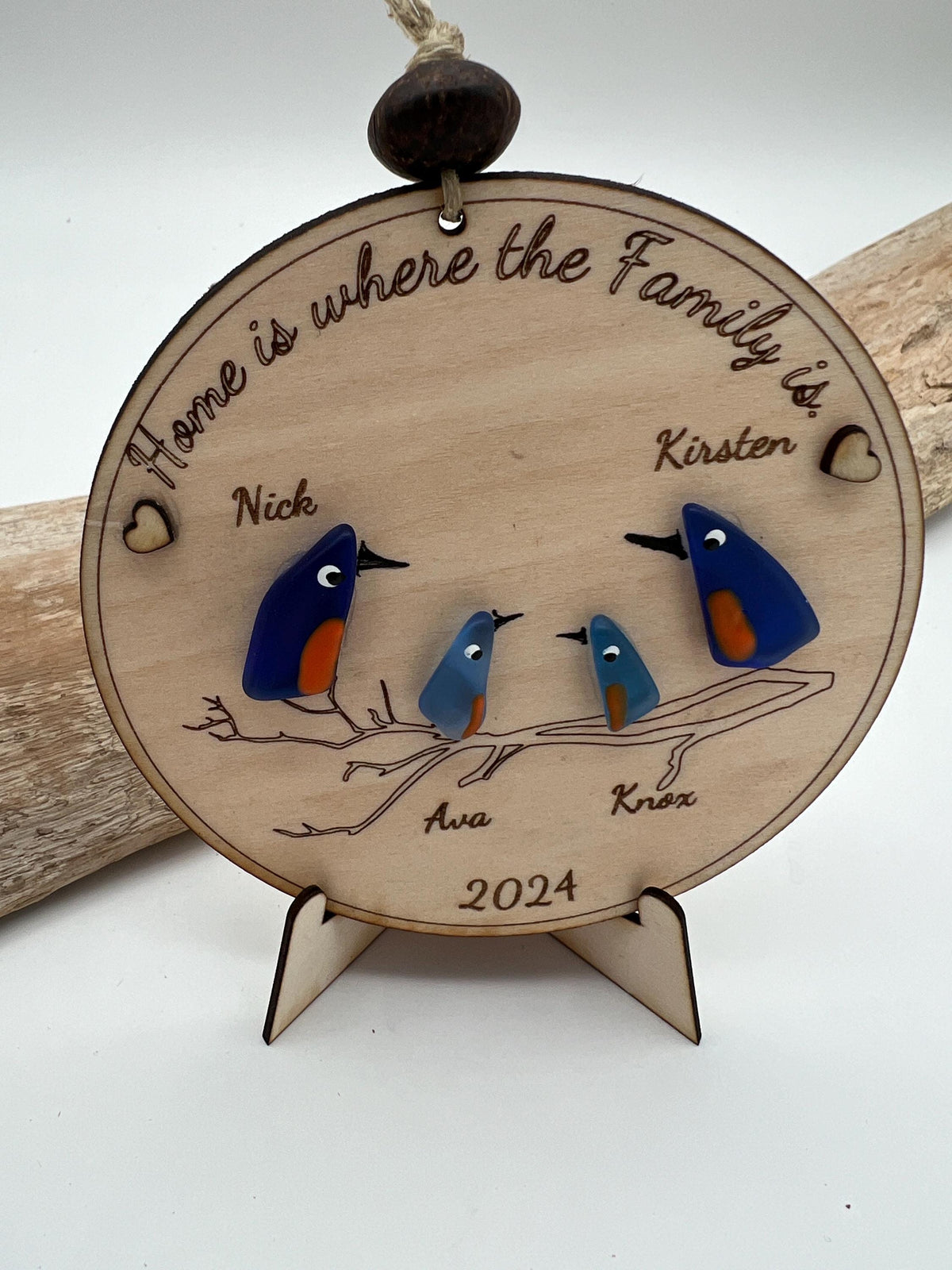 Personalized Sea Glass Bird Family Tree, Laser Cut Wooden Keepsake Ornament