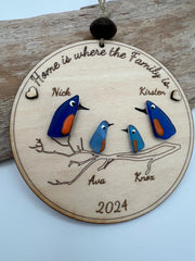 Personalized Sea Glass Bird Family Tree, Laser Cut Wooden Keepsake Ornament
