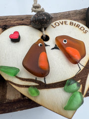 Sea Glass Love Birds Ornament – Handmade Coastal Wedding or Christmas Gift
