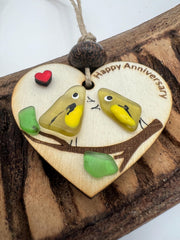 Sea Glass Love Birds Ornament – Handmade Coastal Wedding or Christmas Gift