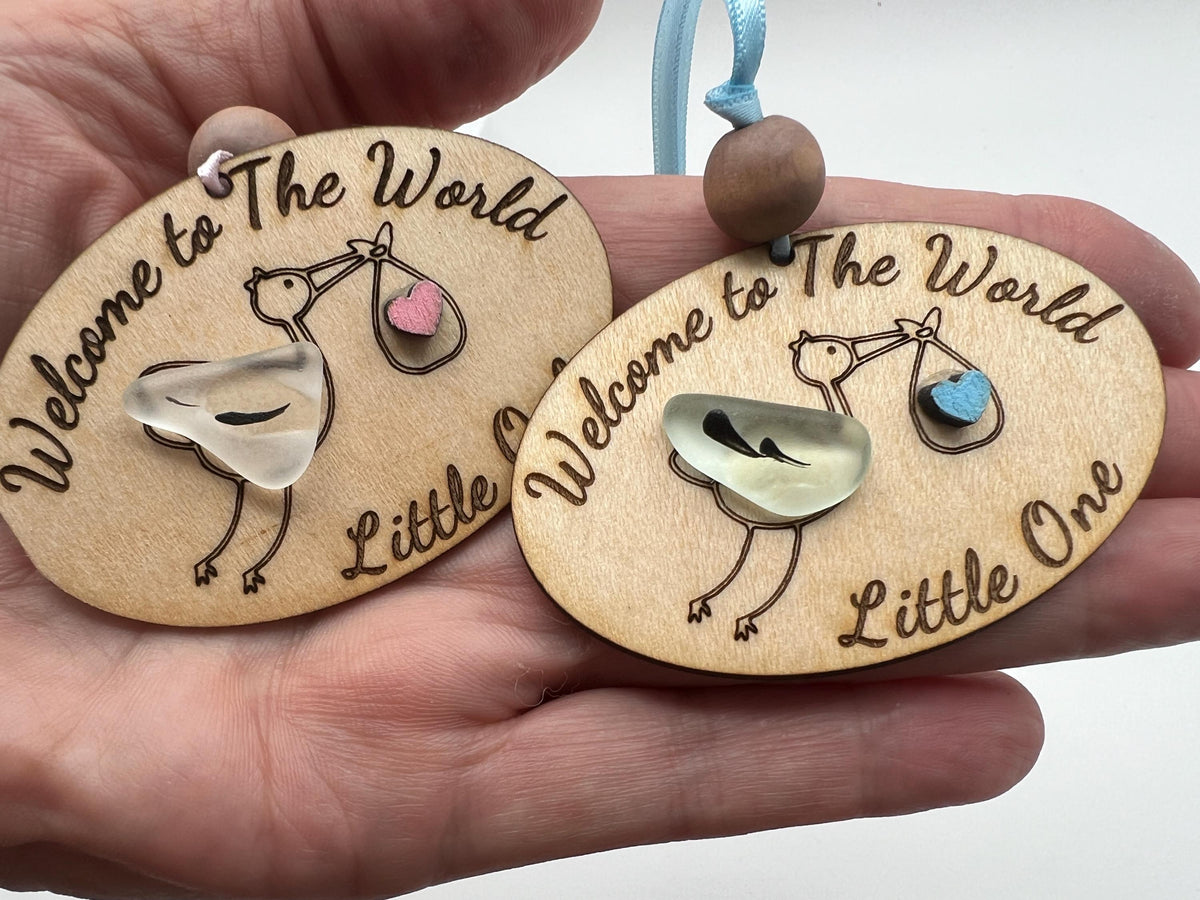 Sea Glass Baby Ornament, Wooden Welcome to the World Gift, Baby’s Shower Keepsake, Baby’s first Christmas