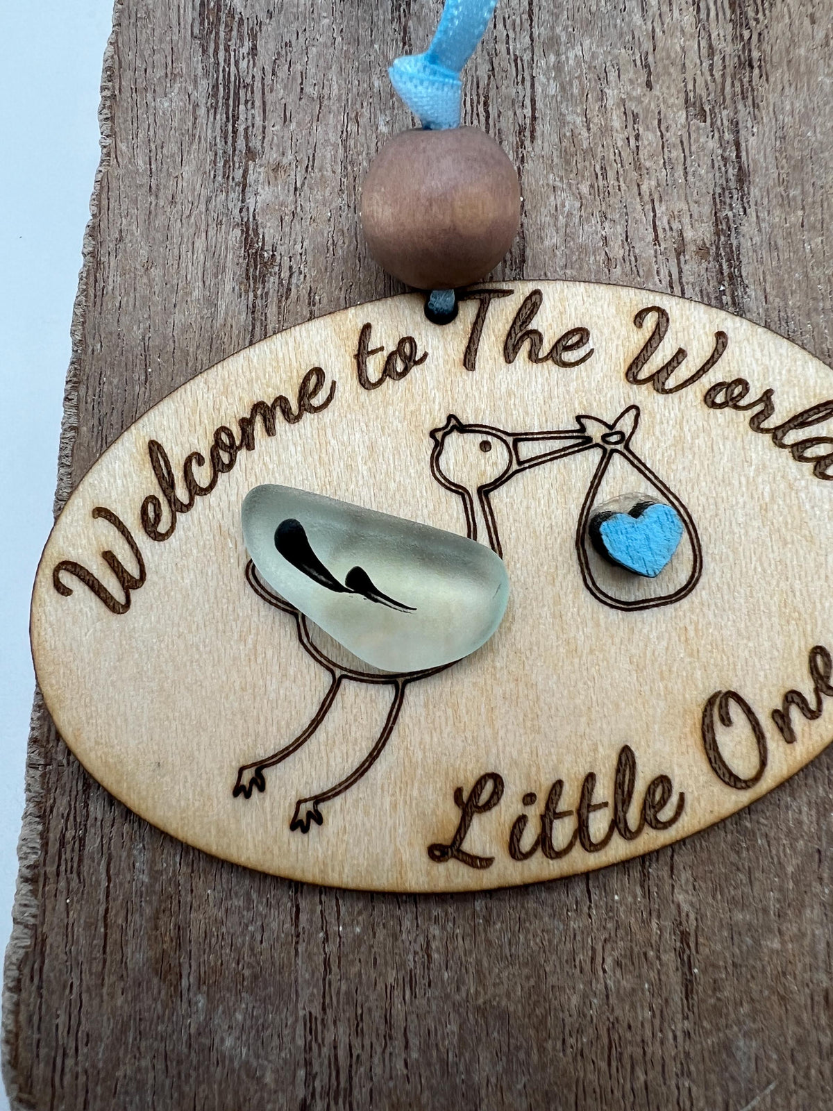 Sea Glass Baby Ornament, Wooden Welcome to the World Gift, Baby’s Shower Keepsake, Baby’s first Christmas
