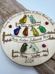Personalized Sea Glass Bird Family Tree, Laser Cut Wooden Keepsake Ornament