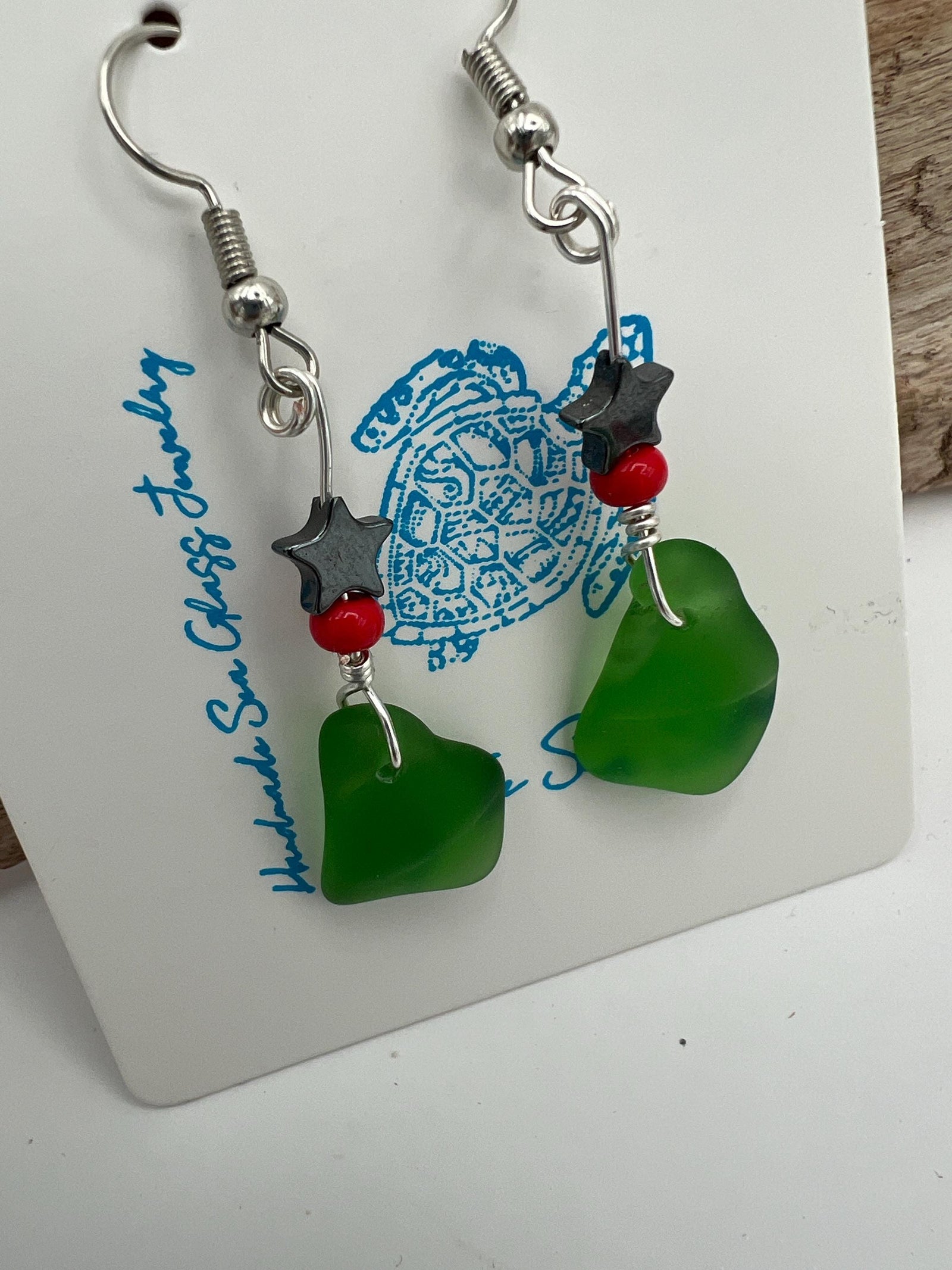 Green Sea Glass Christmas Earrings – Holiday Earrings, Caribbean Beach Jewelry Gift Christmas gift for friend (Under 20)