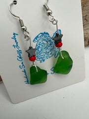 Green Sea Glass Christmas Earrings – Holiday Earrings, Caribbean Beach Jewelry Gift Christmas gift for friend (Under 20)
