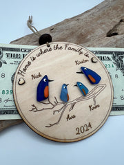 Personalized Sea Glass Bird Family Tree, Laser Cut Wooden Keepsake Ornament