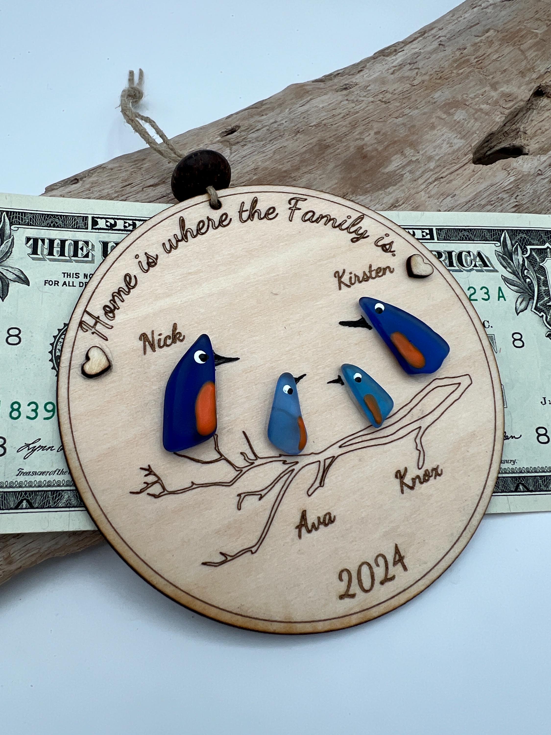 Personalized Sea Glass Bird Family Tree, Laser Cut Wooden Keepsake Ornament