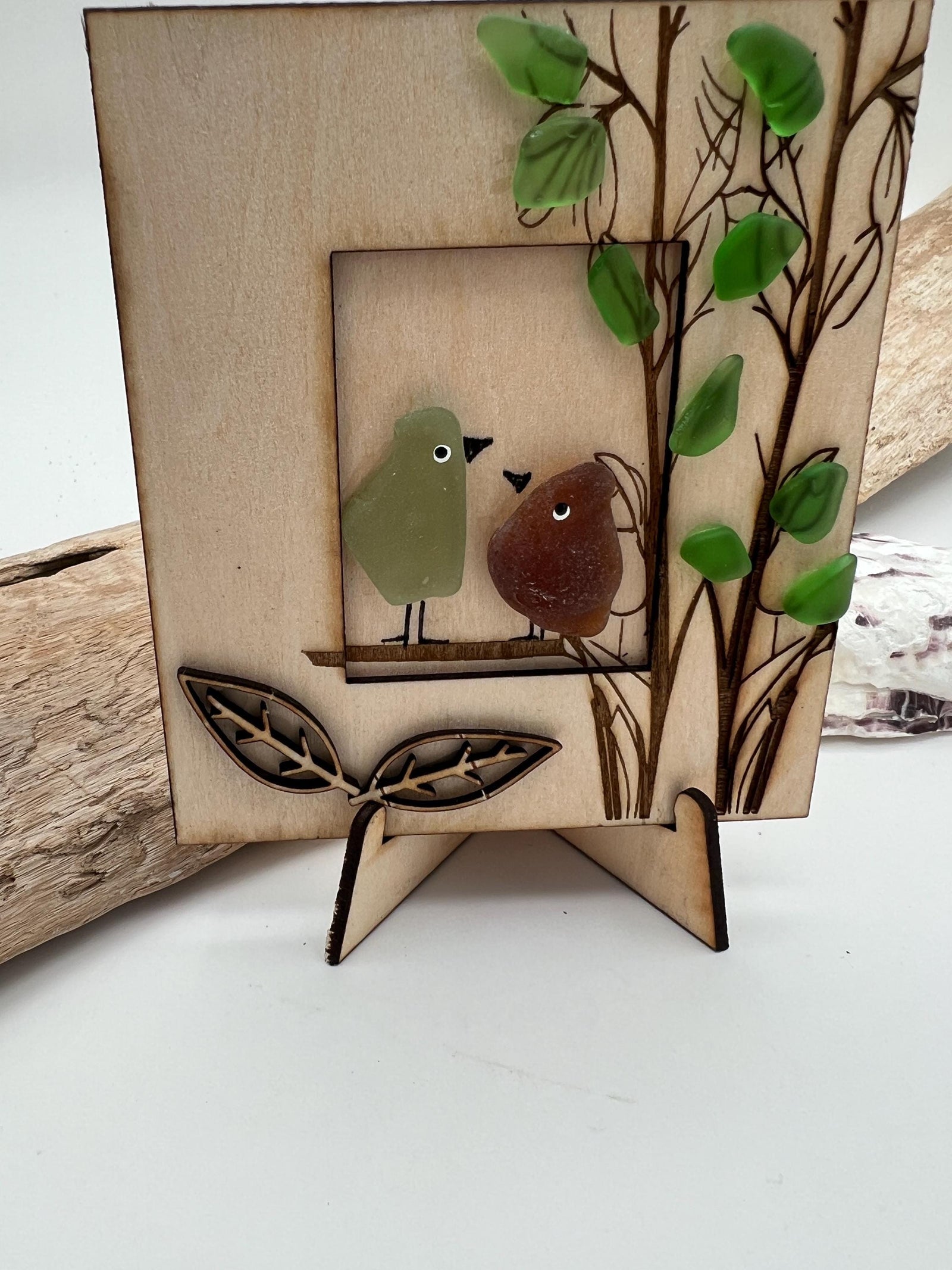 Genuine Sea Glass Friendship Birds – Handmade Coastal Bird Art with Wooden Easel