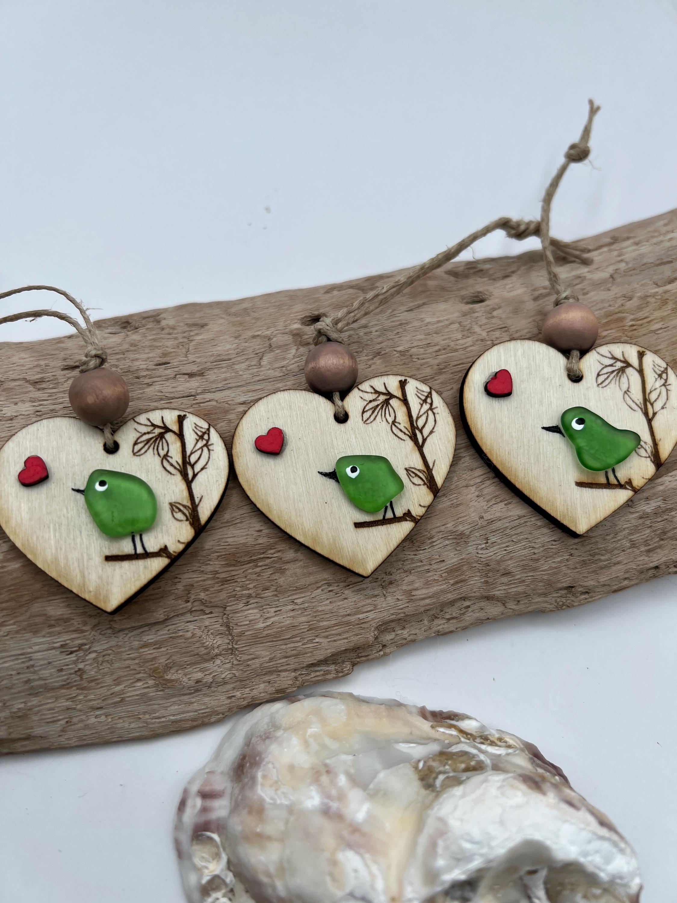 Sea Glass Bird Ornament, Coastal Christmas Ornament, Handmade Beach Decor, Bird Lover Gift