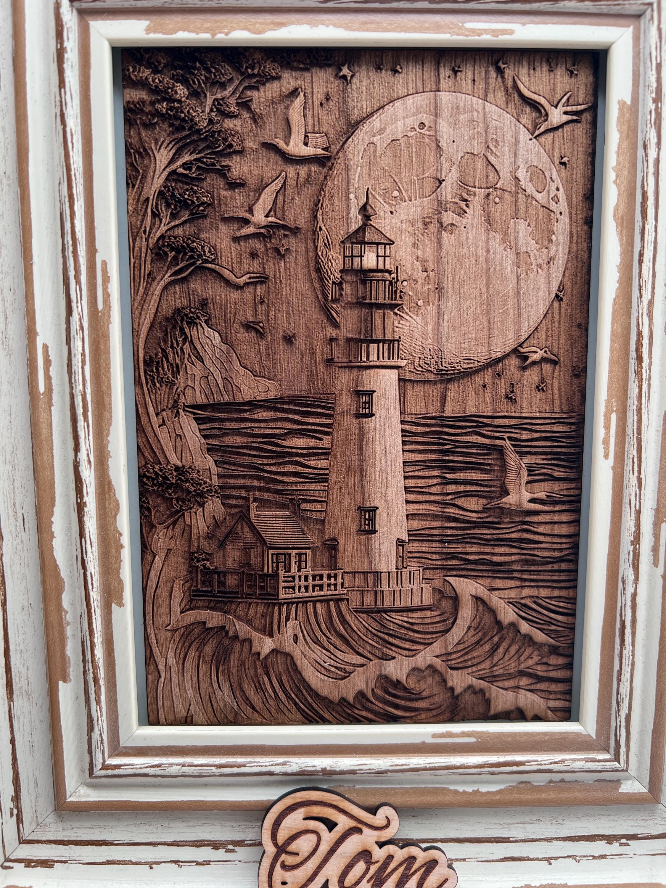 3D Engraved Lighthouse Art, Vintage Coastal Frame, Nautical Wood Decor