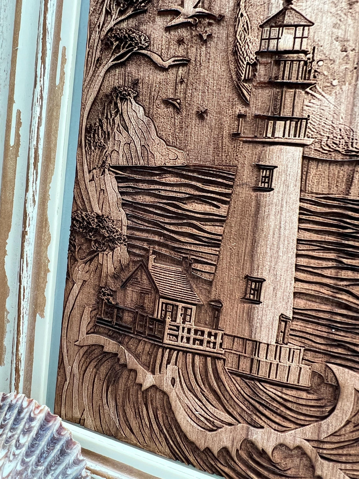 3D Engraved Lighthouse Art, Vintage Coastal Frame, Nautical Wood Decor