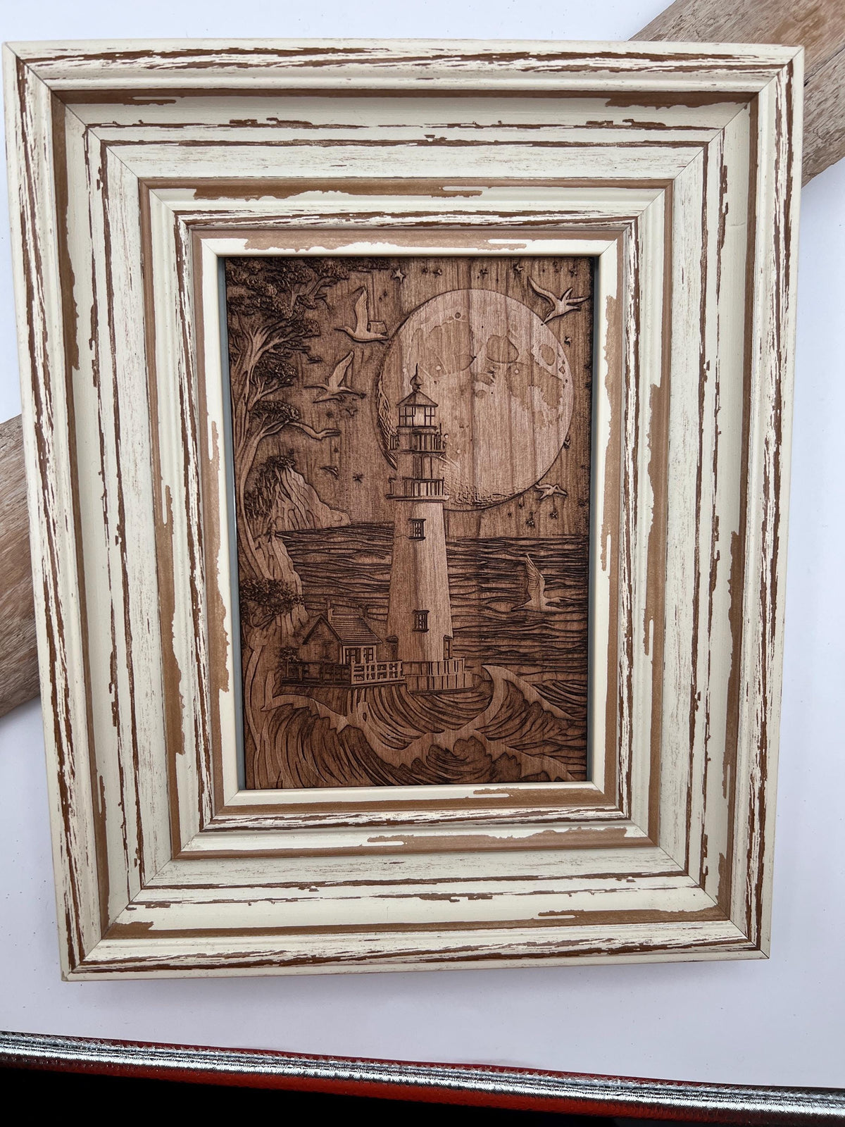 3D Engraved Lighthouse Art, Vintage Coastal Frame, Nautical Wood Decor