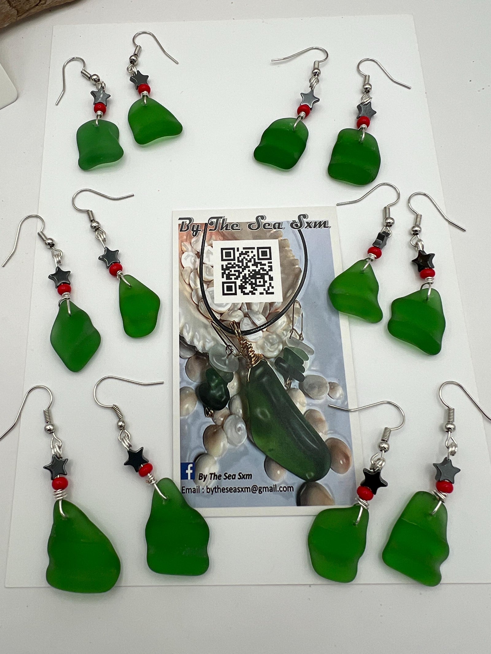 Green Sea Glass Christmas Earrings – Holiday Earrings, Caribbean Beach Jewelry Gift Christmas gift for friend (Under 20)