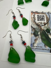 Green Sea Glass Christmas Earrings – Holiday Earrings, Caribbean Beach Jewelry Gift Christmas gift for friend (Under 20)